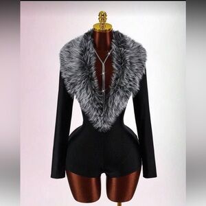 Elegant Black and Gray Faux Fur Trim Jumpsuit